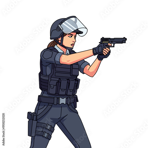Female police officer in tactical gear aiming a handgun, riot control, law enforcement