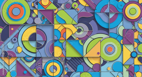 Vibrant abstract geometric pattern with colorful shapes and circles.