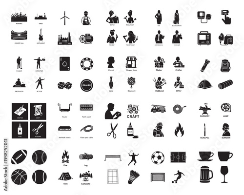 A collection of various black silhouettes on a white background showcasing different activities and objects silhouette