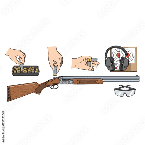 Double Barrel Shotgun Loading and Shooting Preparation with Safety Gear