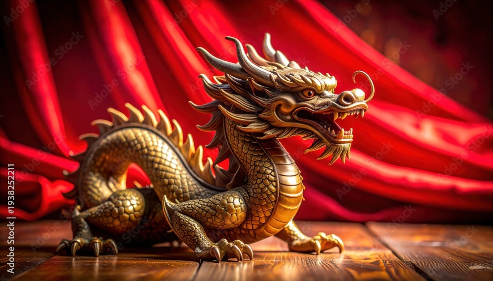 Fototapeta premium Ornate Ceramic Chinese Dragon Figurine with Intricate Gold Detailing on Wooden Surface