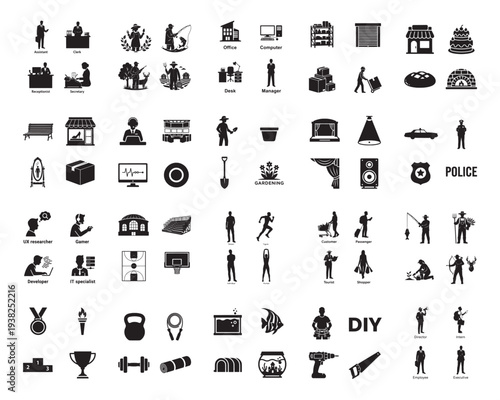 A collection of various black silhouettes on a white background, showcasing people, objects, and activities in silhouette mode