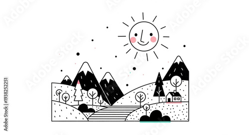 Whimsical black and white illustration of a smiling sun over mountains.