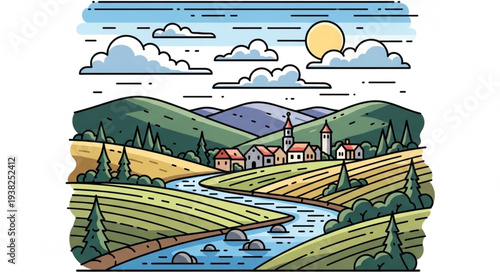 Serene countryside landscape with village and river.