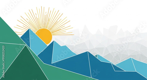 Geometric Mountains with Rising Sun Illustration.