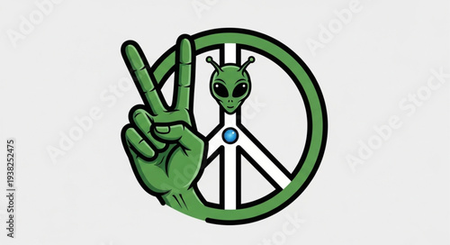 Cartoon Alien Peace Sign with Hand Gesture.