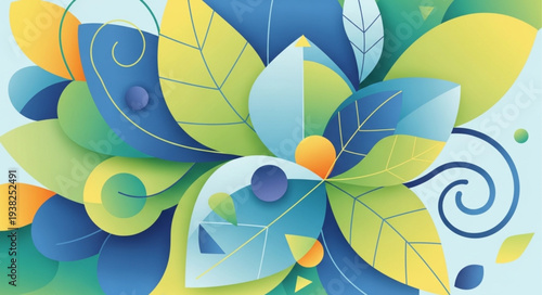 Vibrant blue and green floral pattern with leaves and swirls.