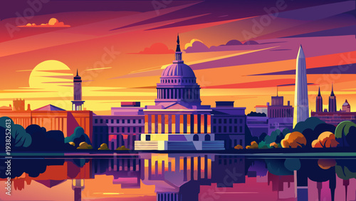 United States Capitol Building and Washington Monument Reflecting at Sunset Over Tidal Basin Waterfront washington dc skyline