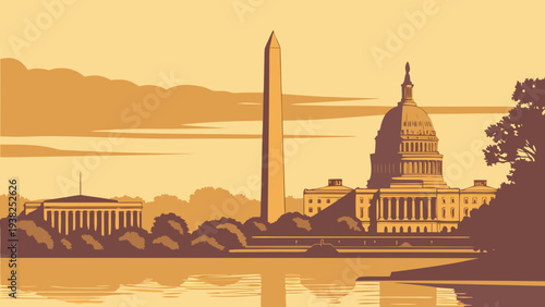 Monochromatic View of National Capitol Building and Tall Obelisk Landmark Reflected Over Water at Sunset washington dc skyline