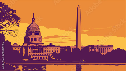 Architectural Silhouette of Capitol Building and Washington Monument at Sunset for American Political Themes washington dc skyline