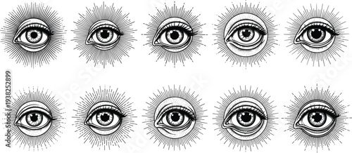 Vintage All Seeing Eye Collection with Engraved Mystic Eyes and Radiating Sunburst Lines Vector Illustration Set