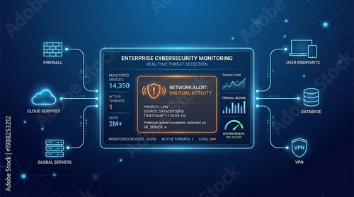 Enterprise cybersecurity monitoring real time threat detection network alert unusual activity monitored device firewall cloud service global server user endpoint database VPN blue gradient
