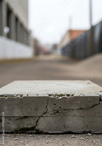 Textured concrete block in an urban alleyway with blurred background