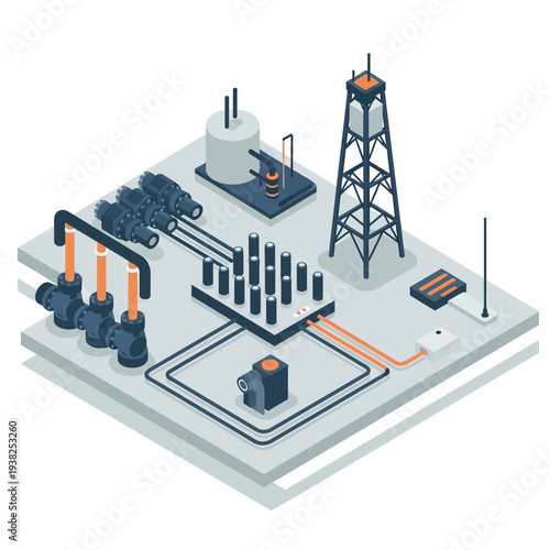 Isometric illustration of an oil and gas extraction and processing facility with drilling rig, pumps, and pipelines.
