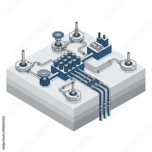 Isometric illustration of a complex industrial manifold system with multiple valves and pipelines, representing a sophisticated fluid control network.