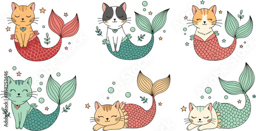 Cute Cat Mermaid Characters Set with Kawaii Kitty Mermaids Sleeping Sitting and Playing Fantasy Cartoon Vector Illustration