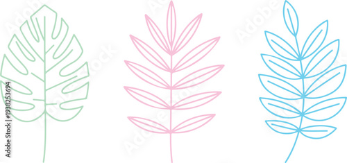 Colorful minimalist line art of tropical leaves in green pink and blue hues