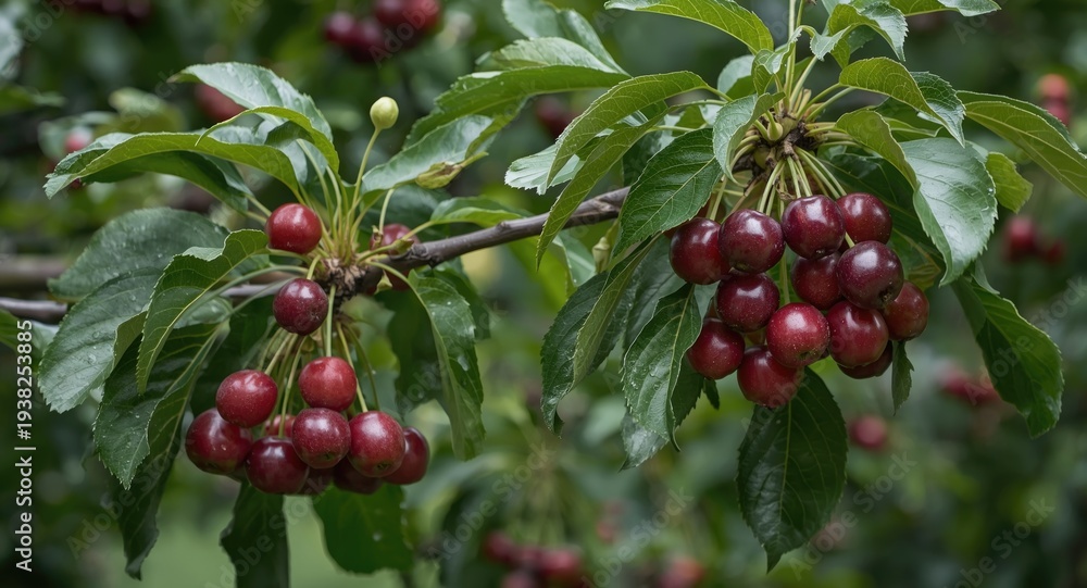 Fototapeta premium Cherry tree full length view with multiple fruit clusters