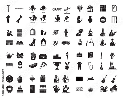 A collection of various black silhouettes depicting everyday life and hobbies silhouette