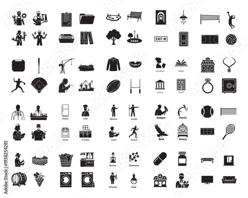 A collection of various black silhouettes of objects and people on a white background in silhouette mode