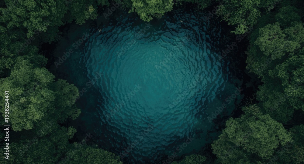 Obraz premium Drone aerial of a tranquil cenote with surrounding thick trees