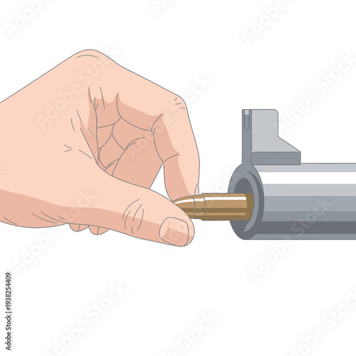 Hand loading bullet into gun barrel, close up, safety and action concept