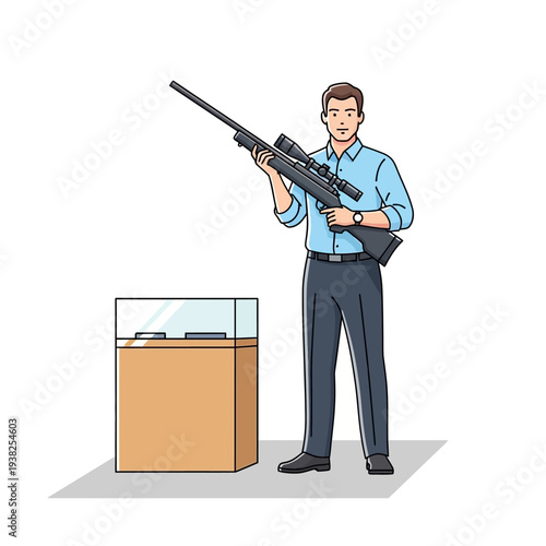 Man holding a sniper rifle next to a display case