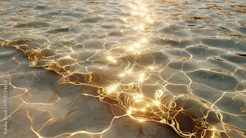 アンチエイジングや美容液の潤いイメージ　高級感あるキラキラと輝く黄金色の水面と波のテクスチャ背景素材