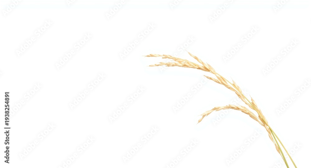 Fototapeta premium Close up of paddy rice ears showing detailed textures with white copy space isolated on white background