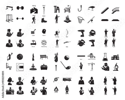 A collection of various black silhouettes of people engaging in different activities and sports on a white background silhouette