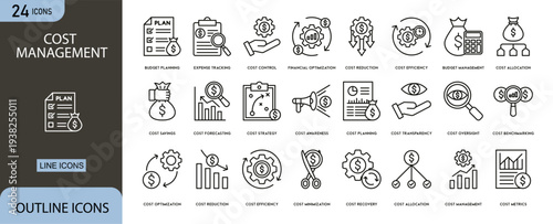 Cost management icons set representing budgeting, expense control, financial planning, savings strategy, cost analysis and business efficiency.