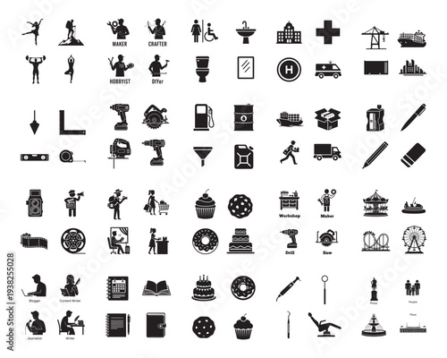A collection of various black silhouettes on a white background, showcasing everyday objects and activities in silhouette mode