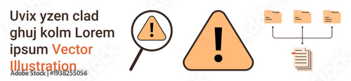 Cybersecurity, data management, file organization, threat detection, document tracking, network security. Warning triangle, magnifying glass and folder connections. Threat detection