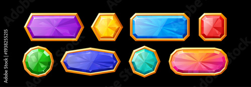 Diamond gem buttons with crystal frames and golden borders for fantasy UI design. Magic medieval icons of round jewels, rectangle stones and hexagon badges. Cartoon style assets for match 3 games.