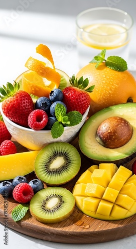 Vibrant assortment of fresh fruits in a bowl and on wooden board, wellness