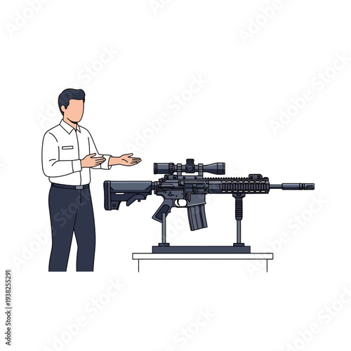 Man presenting a tactical rifle with scope on display stand, detailed firearm, weapon exhibition