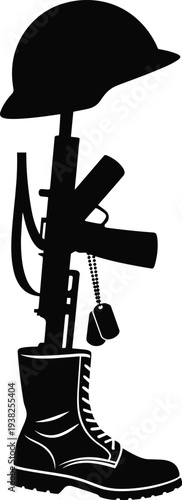 Fallen soldier memorial silhouette with rifle helmet boots and dog tags, military remembrance tribute symbol isolated on white background