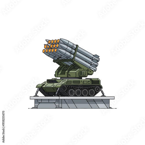 Military rocket launcher on a concrete platform, armored vehicle, missile system, army weapon