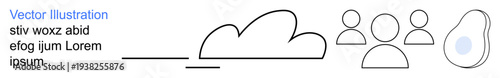 Technology, human connection, communication, teamwork, digital storage, cloud services. Minimalist line art cloud, three stylized people icons and avocado outline. Technology and teamwork concept