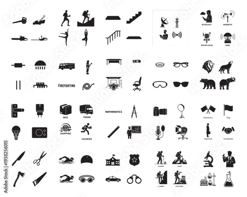 A collection of various black silhouettes on a white background, showcasing everyday objects and activities in silhouette mode