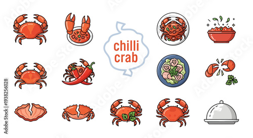 Chilli Crab Vector Icon Set - Singapore Seafood Cuisine Illustration