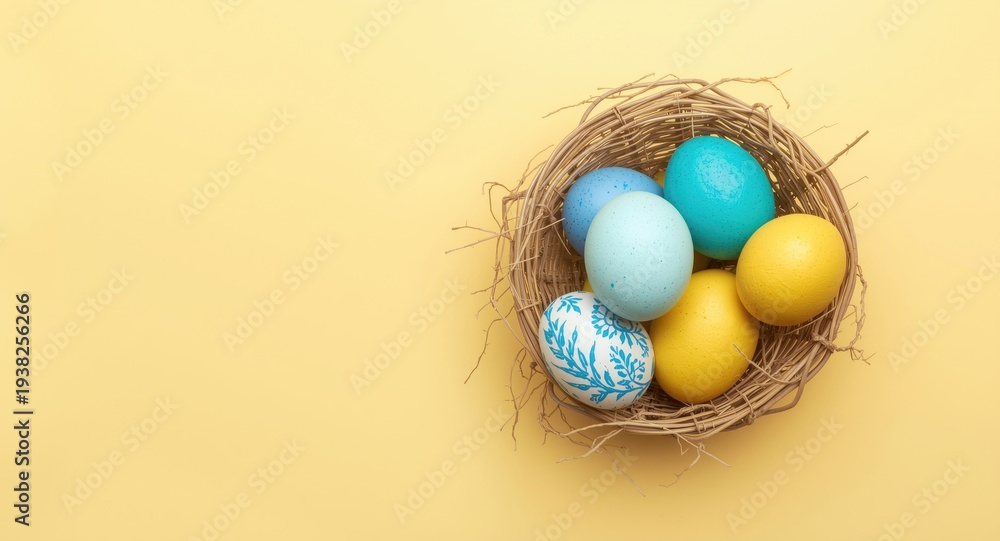 Obraz premium Basket of Easter eggs colored blue and yellow on a pastel background with copy space for wallpapers