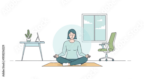 Woman practicing yoga in a serene office environment with a calm atmosphere and peaceful surroundings