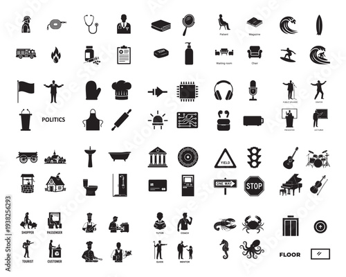 A collection of various icons in silhouette mode on a white background