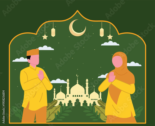 Muslim couple in Islamic attire with a mosque and Islamic ornaments in the background