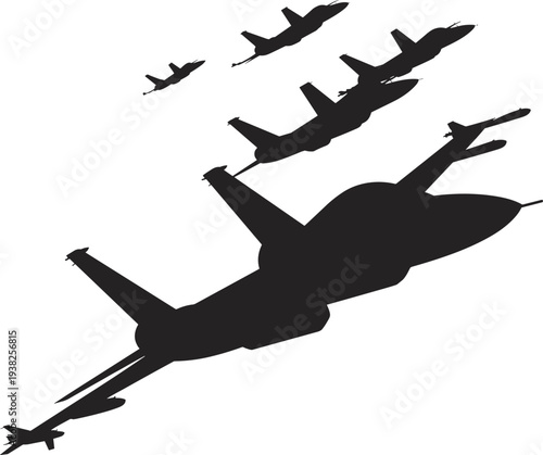 Military fighter jet silhouettes formation flying, combat aircraft squadron attack concept, air force aviation illustration isolated on white background