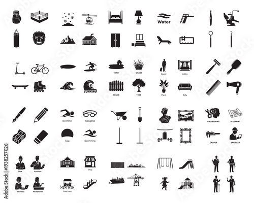 A collection of various objects and tools in silhouette mode
