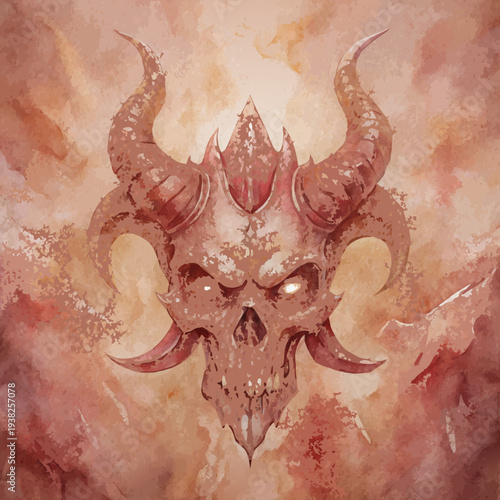 A fantasy illustration of a demonic skull with horns and a fiery background in shades of red and orange hues creating a spooky atmosphere always.
