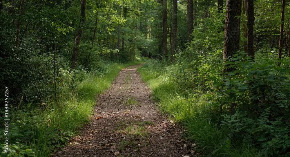 Obraz premium Calm forest trail bordered by thriving greenery under natural soft light background