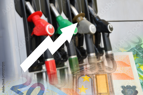 Gas pumps at a gas station with euro banknotes. Rising prices. Concept of rising gasoline and diesel prices due to the war in the Middle East.